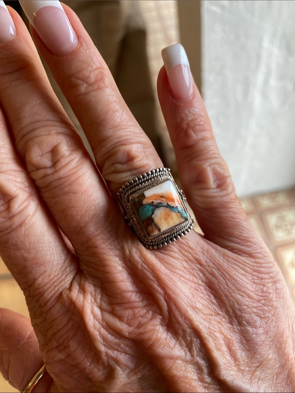 Sterling Silver Multi-Stone Artisan Ring - Turquoise, White & Orange